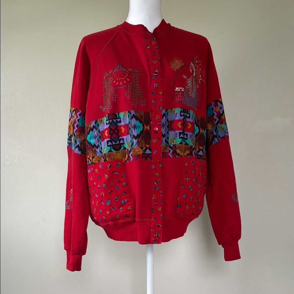 Jerzees Men's XL Red Multi-Colored Patterned Vintage Sweater Cardigan USA VTG